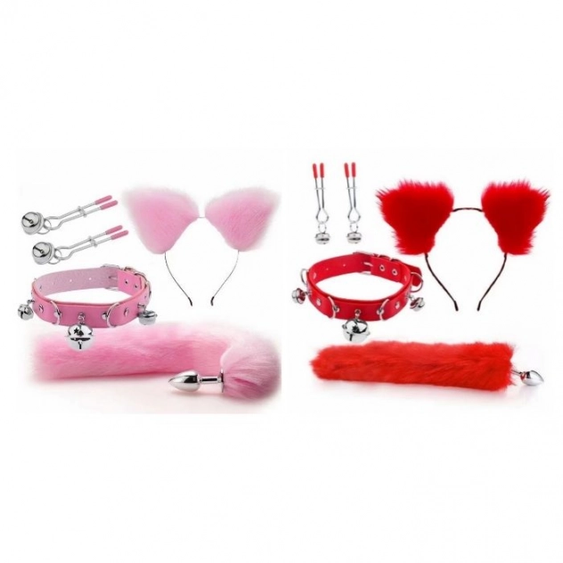 Kit Bondage Fox 2 4 Itens Tiara de Pelúcia Plug Anal Cauda